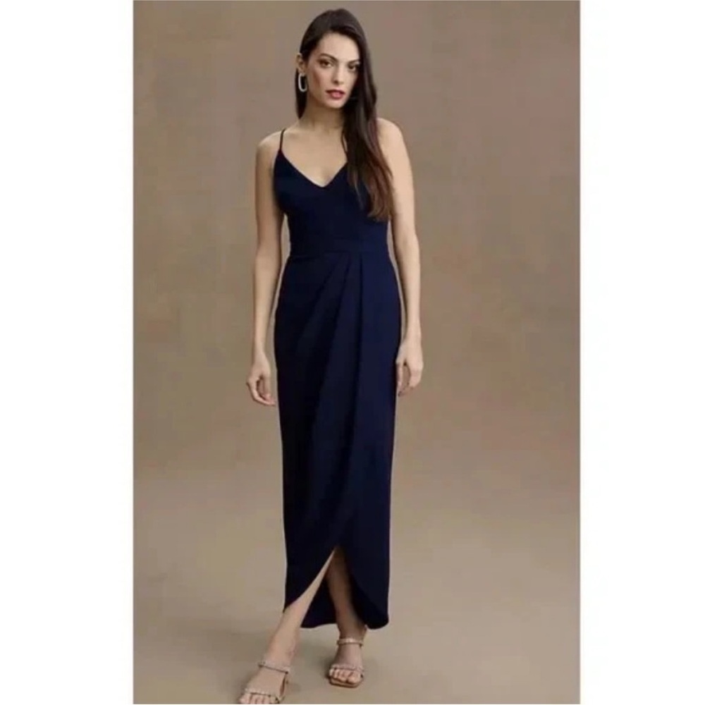 Bhldn Formal Bridesmaid Dress Evening Gown Wedding V Neck Maxi Navy Blue Size 6
